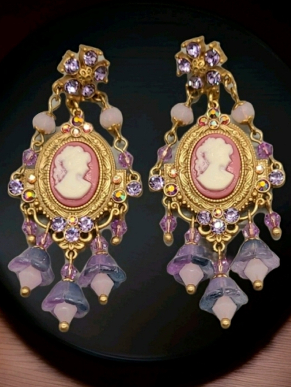 Vintage Estate French Floral Cameo Crystal Gold Chandelier Earrings